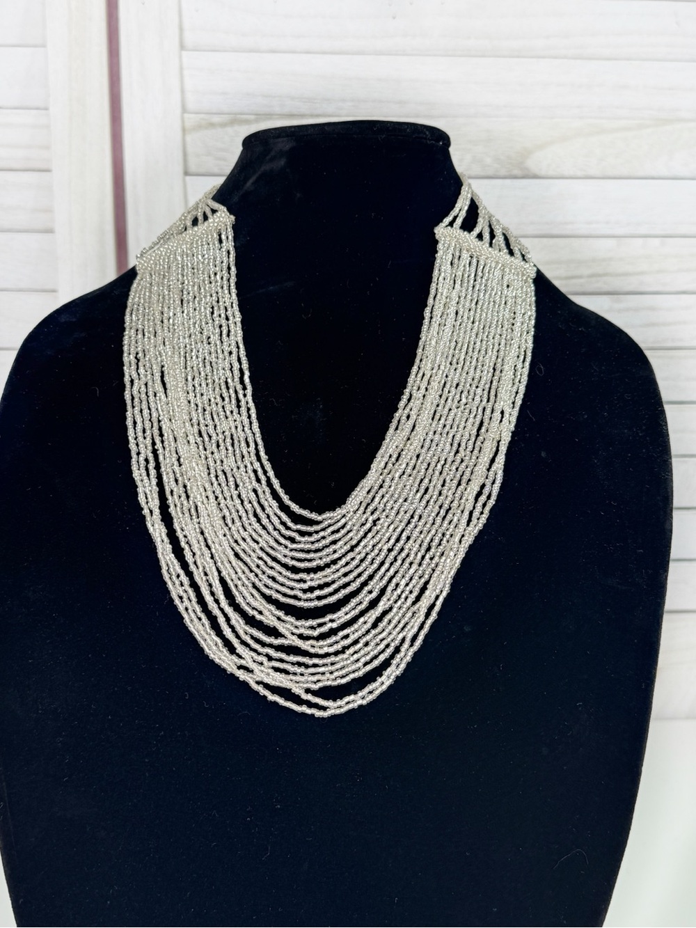 QVC Vintage Beaded Multi Strand Waterfall Statement Necklace Silver Clear